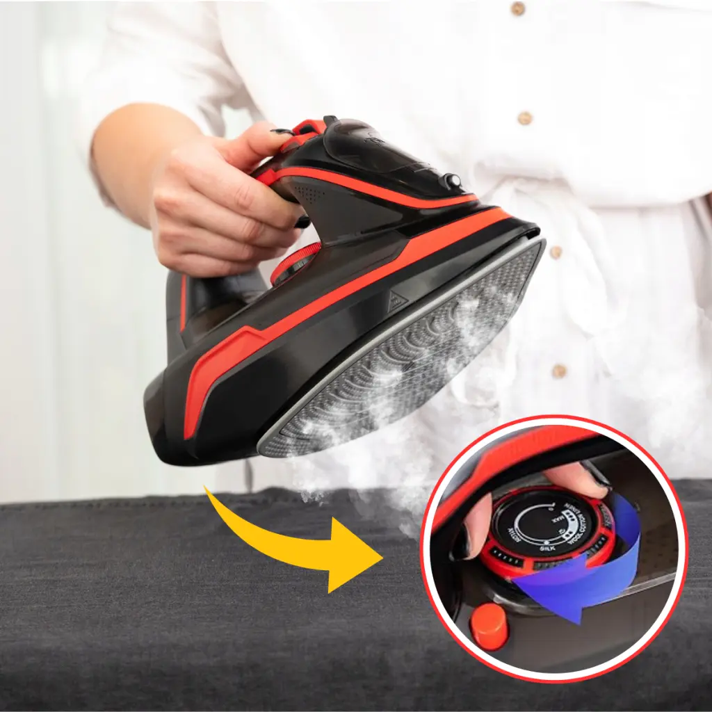 Zbliżenie na wskaźniki i przyciski żelazka